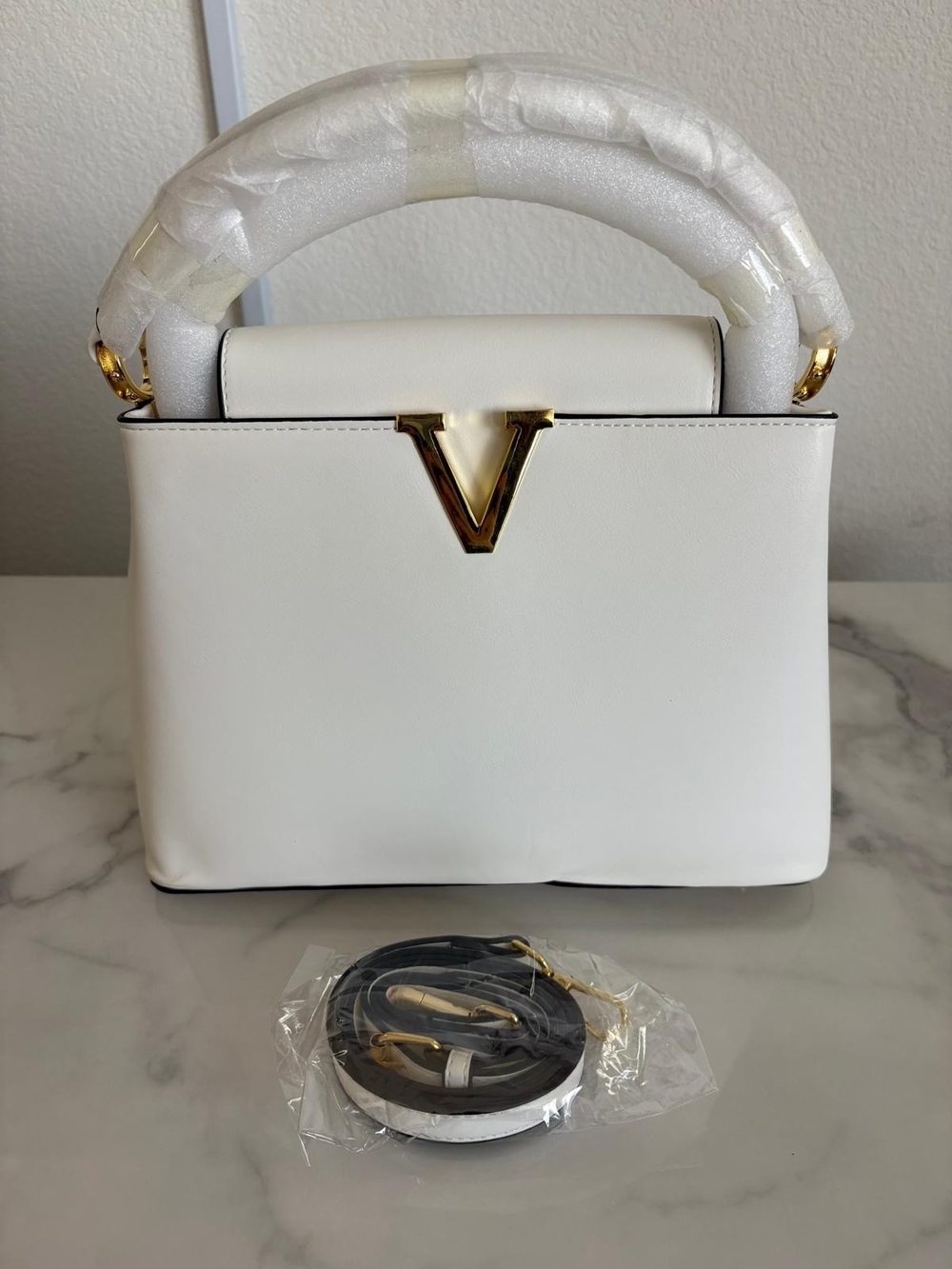 Structured Top-Handle Satchel in White with Gold V Accent